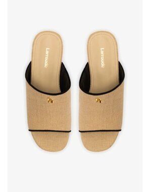 Larroude Charli Raffia Textured  Beige and Black Suede Mule Platforms Sz 8.5